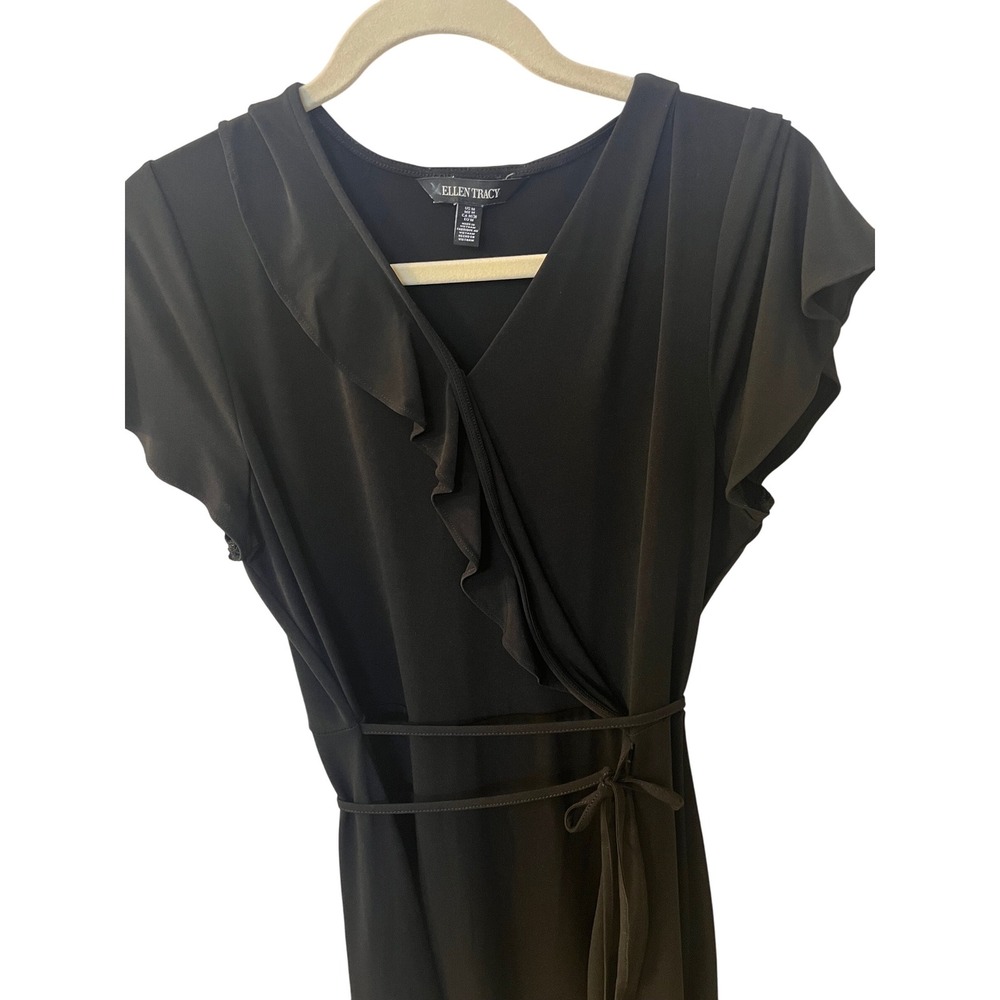 ELLEN TRACY Black Short Sleeve Ruffle Wrap Midi Dress Women's Size M